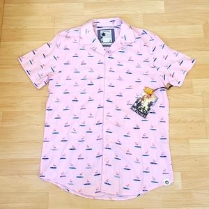 Free Planet Men's Pink Flamingo Print Short Sleeve Button Up Shirt Size S